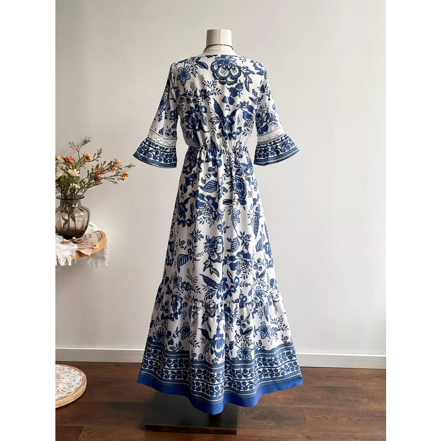 Floral Print V-Neck Flounce Sleeve Dress Apparel and Accessories