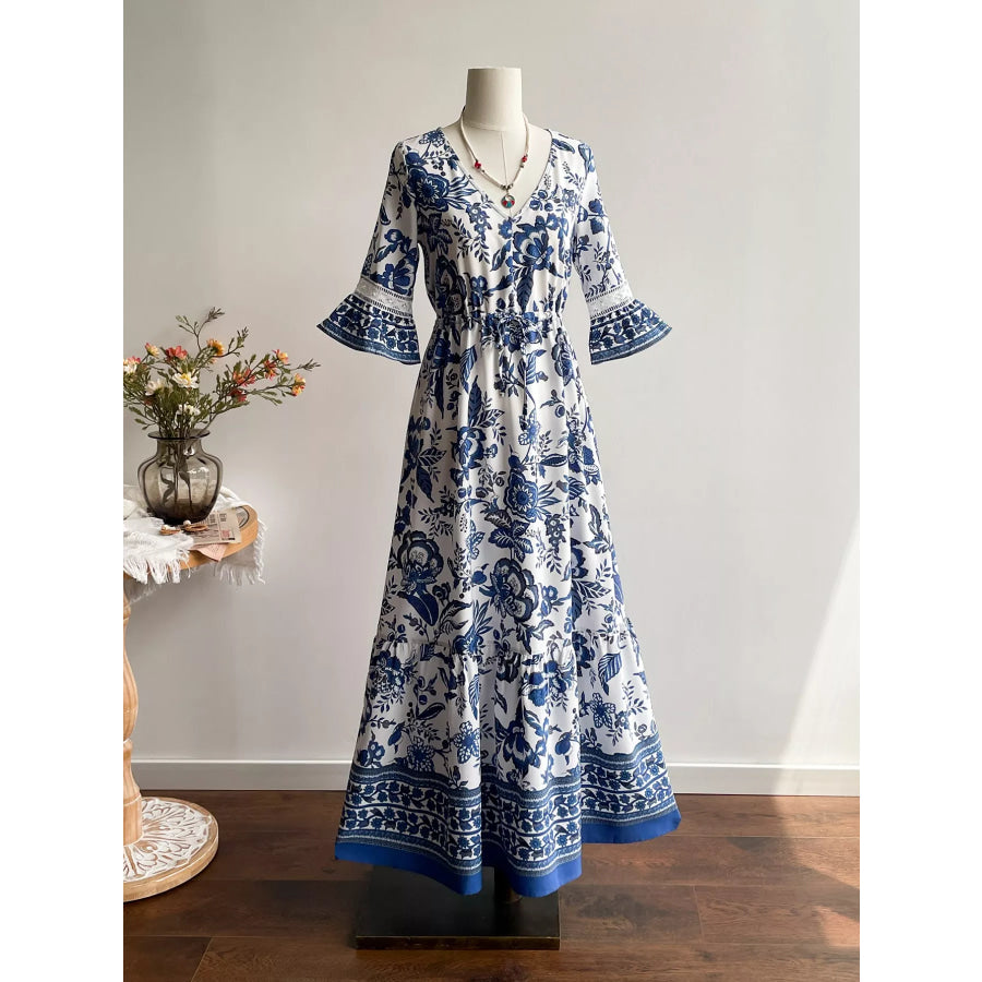 Floral Print V-Neck Flounce Sleeve Dress Royal Blue / S Apparel and Accessories