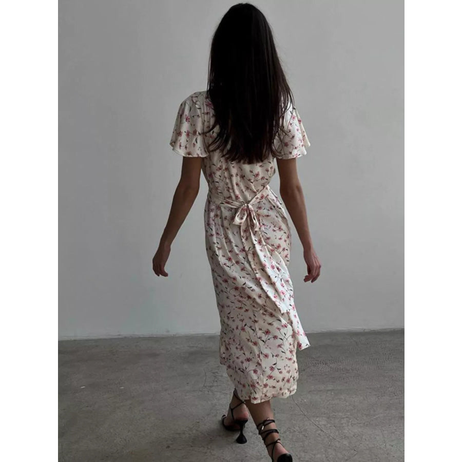 Floral Print V-Neck Flutter Sleeves Midi Dress Dusty Pink / S Apparel and Accessories