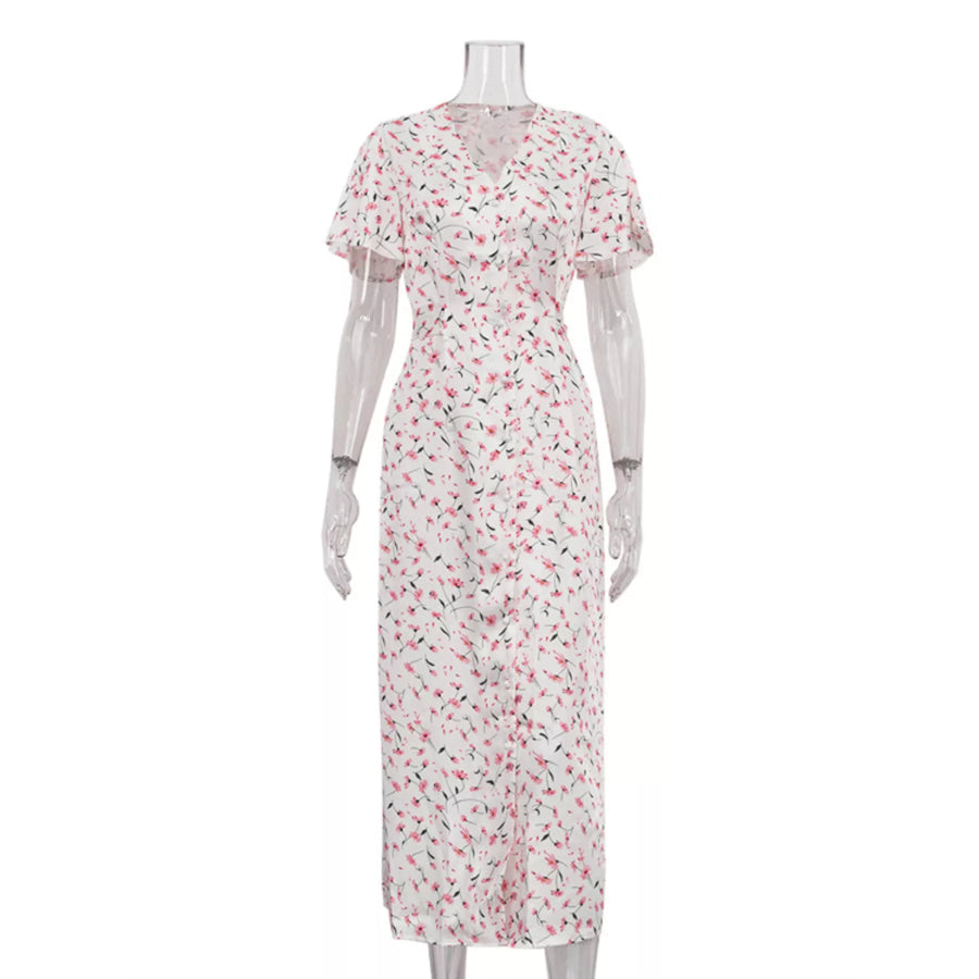 Floral Print V-Neck Flutter Sleeves Midi Dress Apparel and Accessories
