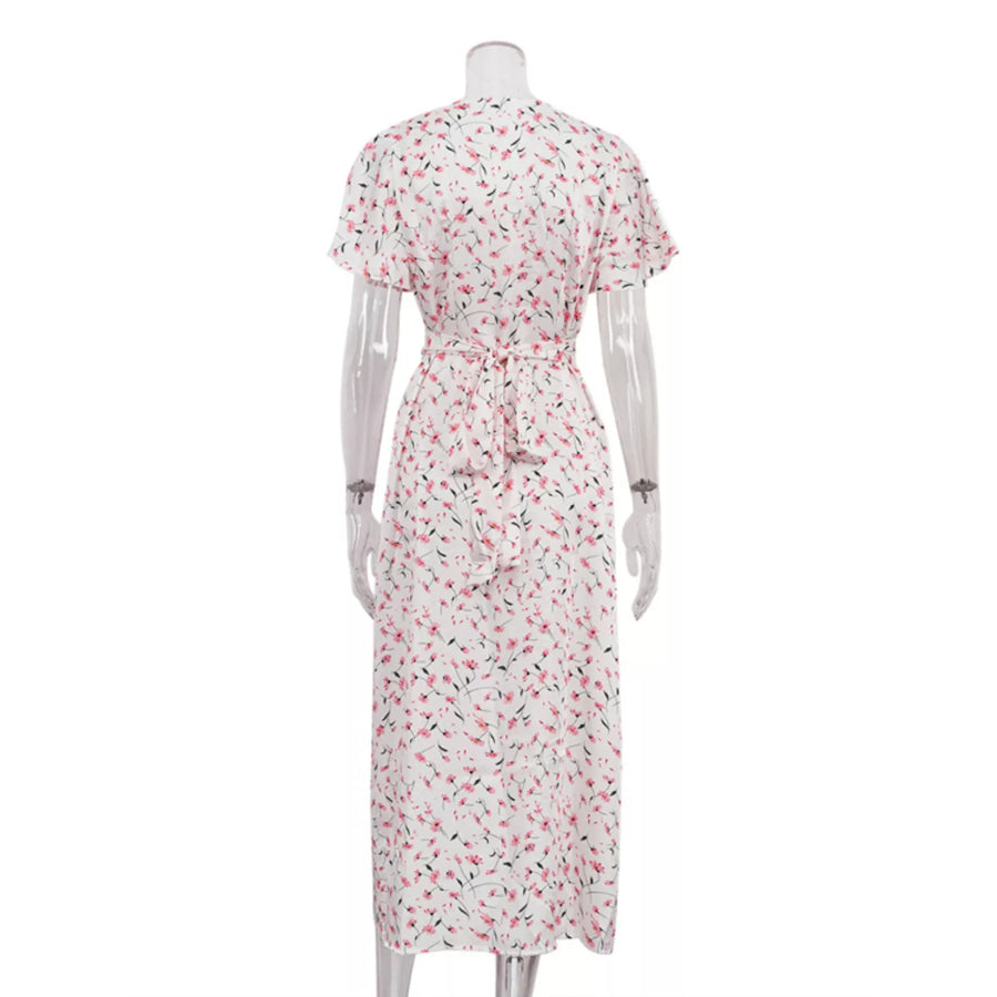 Floral Print V-Neck Flutter Sleeves Midi Dress Apparel and Accessories