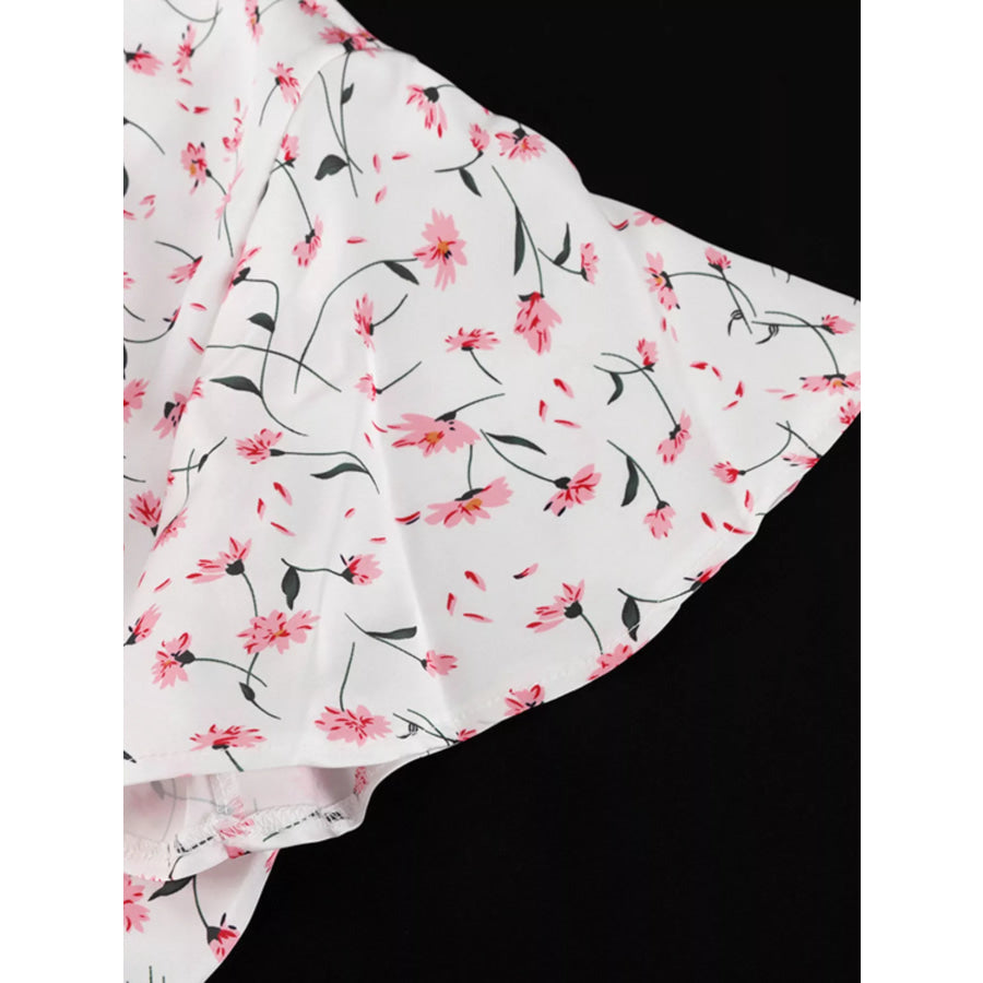 Floral Print V-Neck Flutter Sleeves Midi Dress Apparel and Accessories