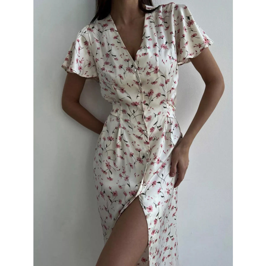 Floral Print V-Neck Flutter Sleeves Midi Dress Dusty Pink / S Apparel and Accessories