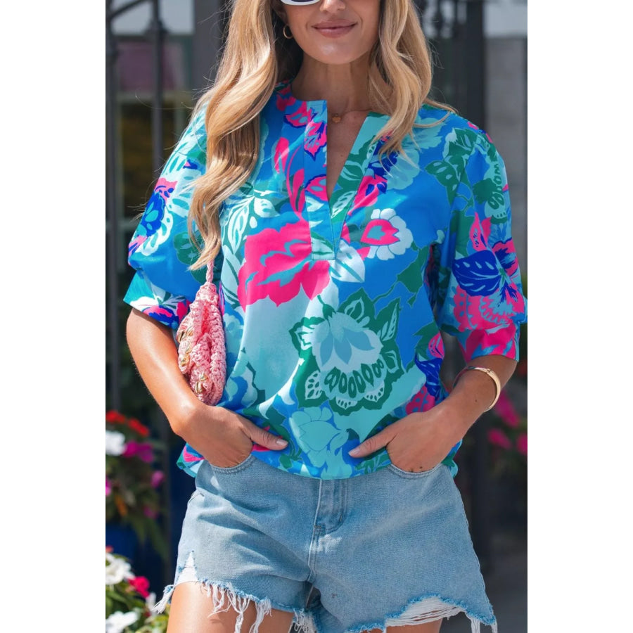 Floral Print V Neck Half Sleeve Blouse Apparel and Accessories