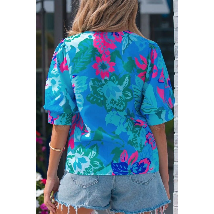 Floral Print V Neck Half Sleeve Blouse Apparel and Accessories