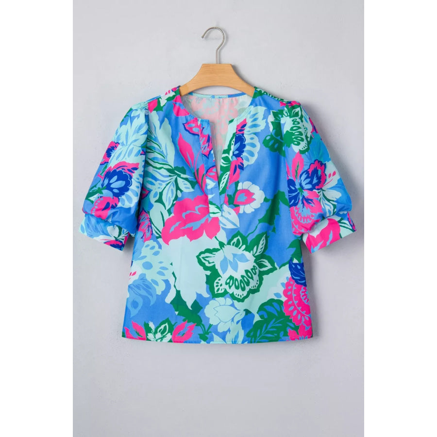 Floral Print V Neck Half Sleeve Blouse Apparel and Accessories