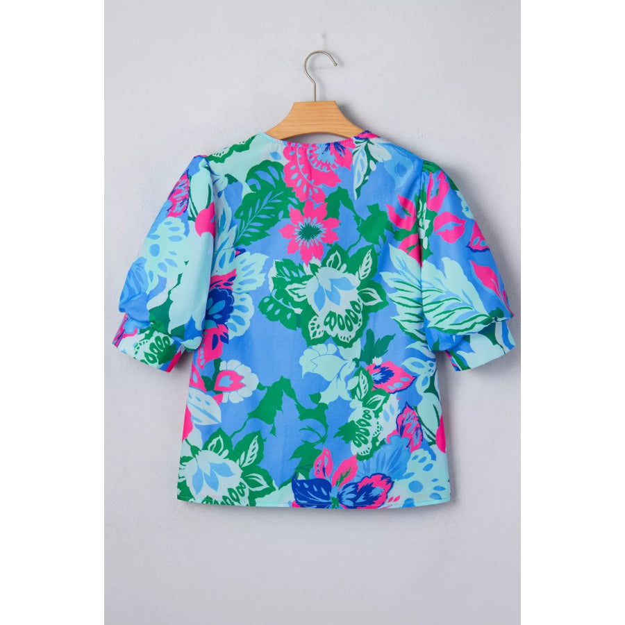 Floral Print V Neck Half Sleeve Blouse Apparel and Accessories