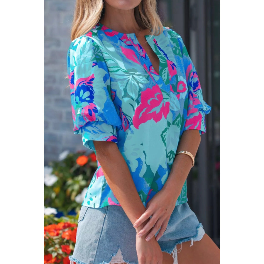 Floral Print V Neck Half Sleeve Blouse Apparel and Accessories