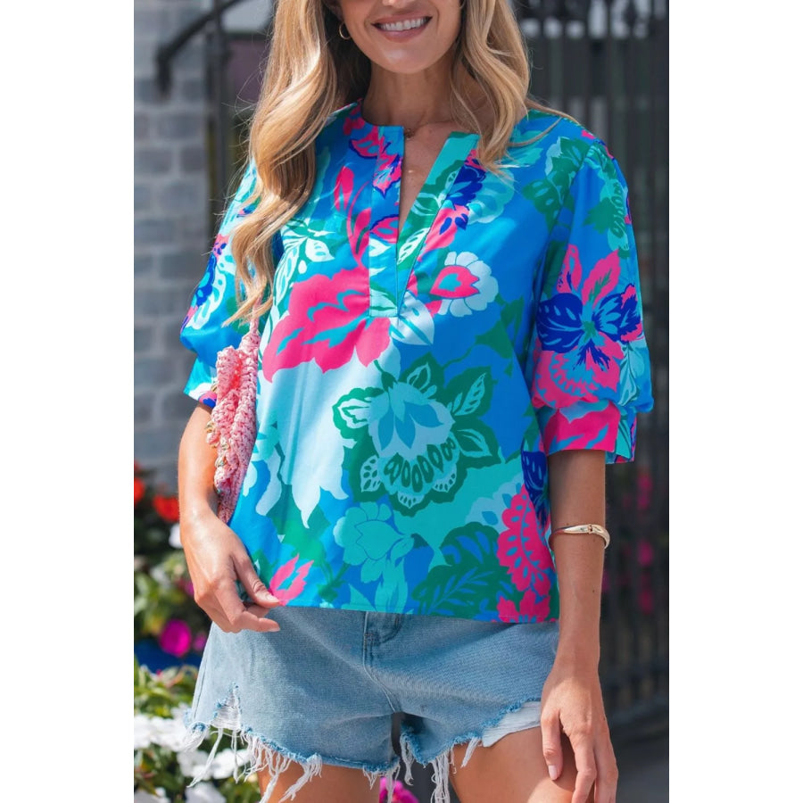 Floral Print V Neck Half Sleeve Blouse Pastel Blue / S Apparel and Accessories