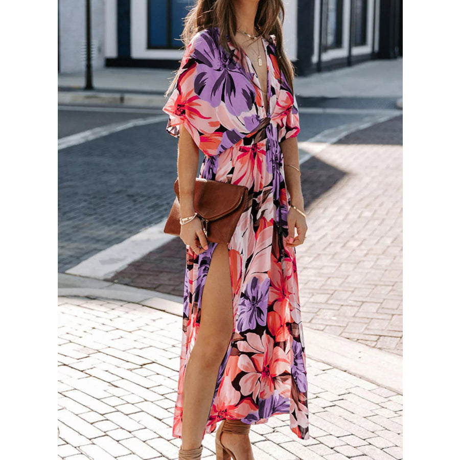 Floral Print V-Neck High Slit Maxi Dress Apparel and Accessories