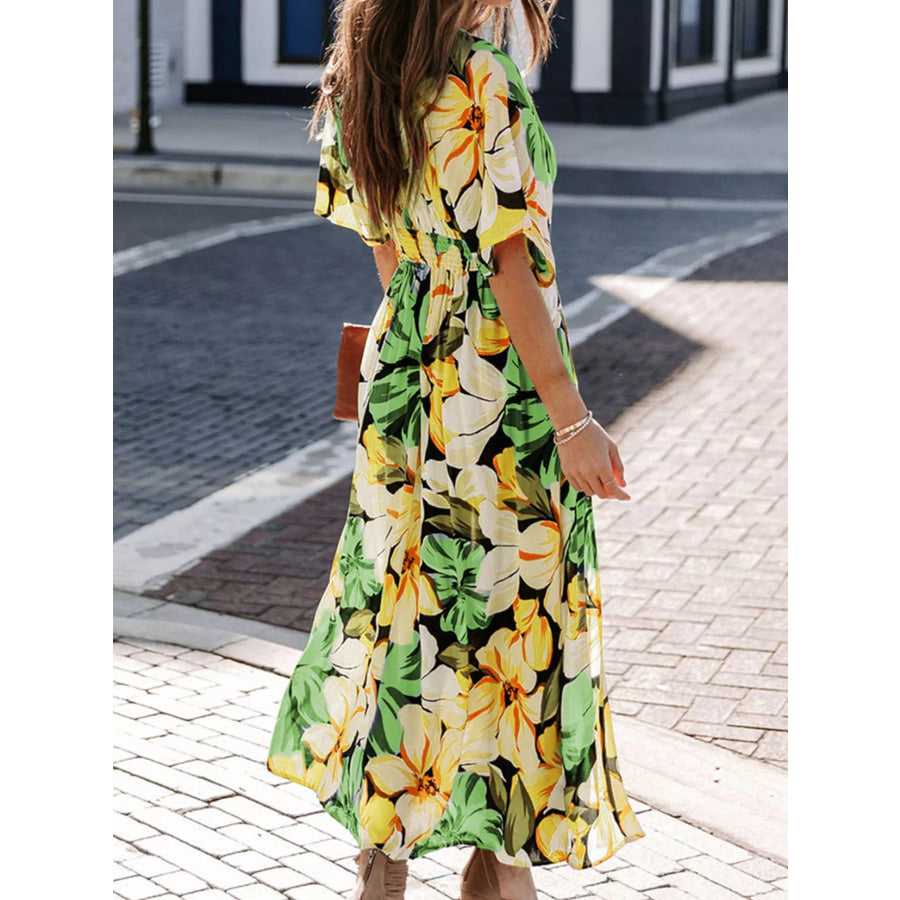 Floral Print V-Neck High Slit Maxi Dress Apparel and Accessories