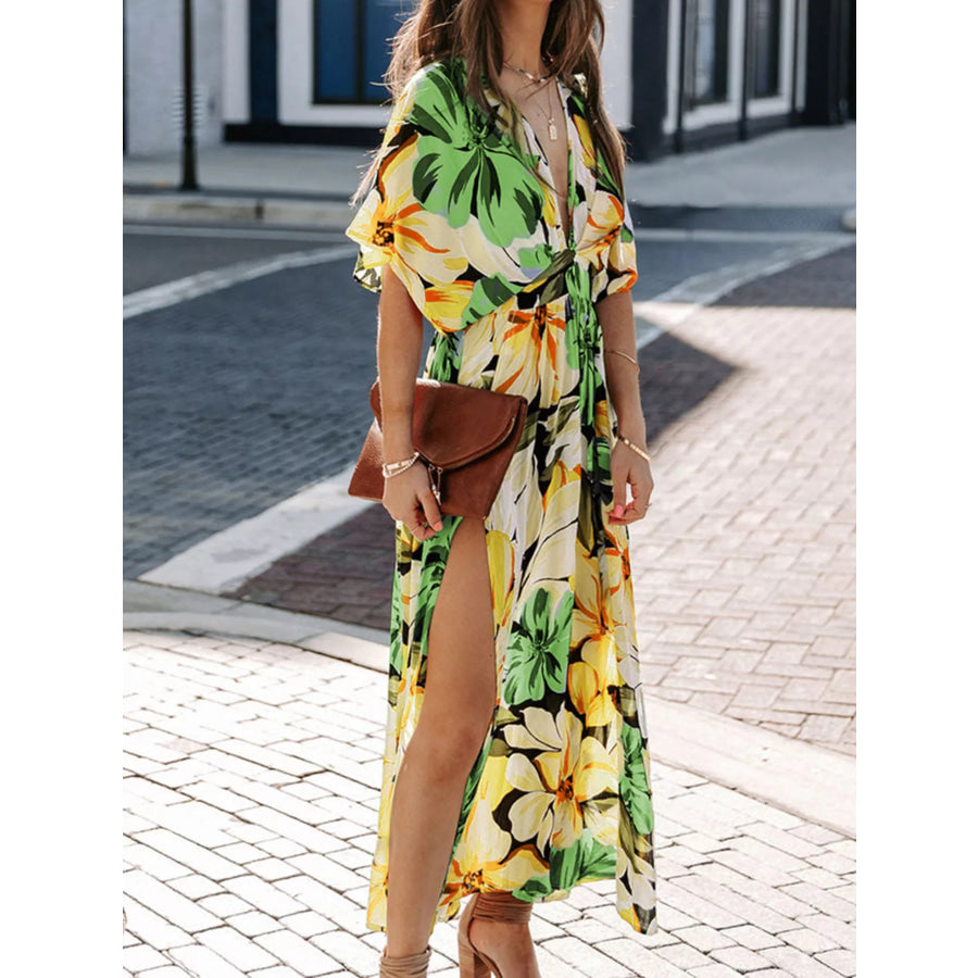 Floral Print V-Neck High Slit Maxi Dress Apparel and Accessories