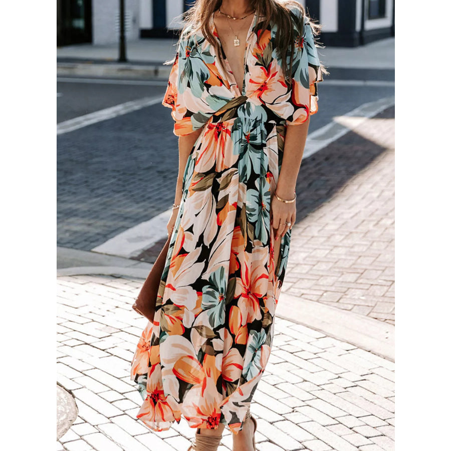 Floral Print V-Neck High Slit Maxi Dress Orange / S Apparel and Accessories