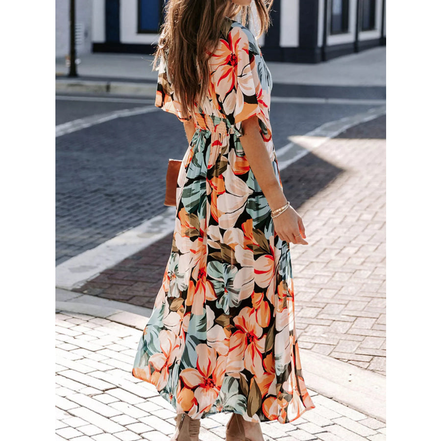 Floral Print V-Neck High Slit Maxi Dress Apparel and Accessories