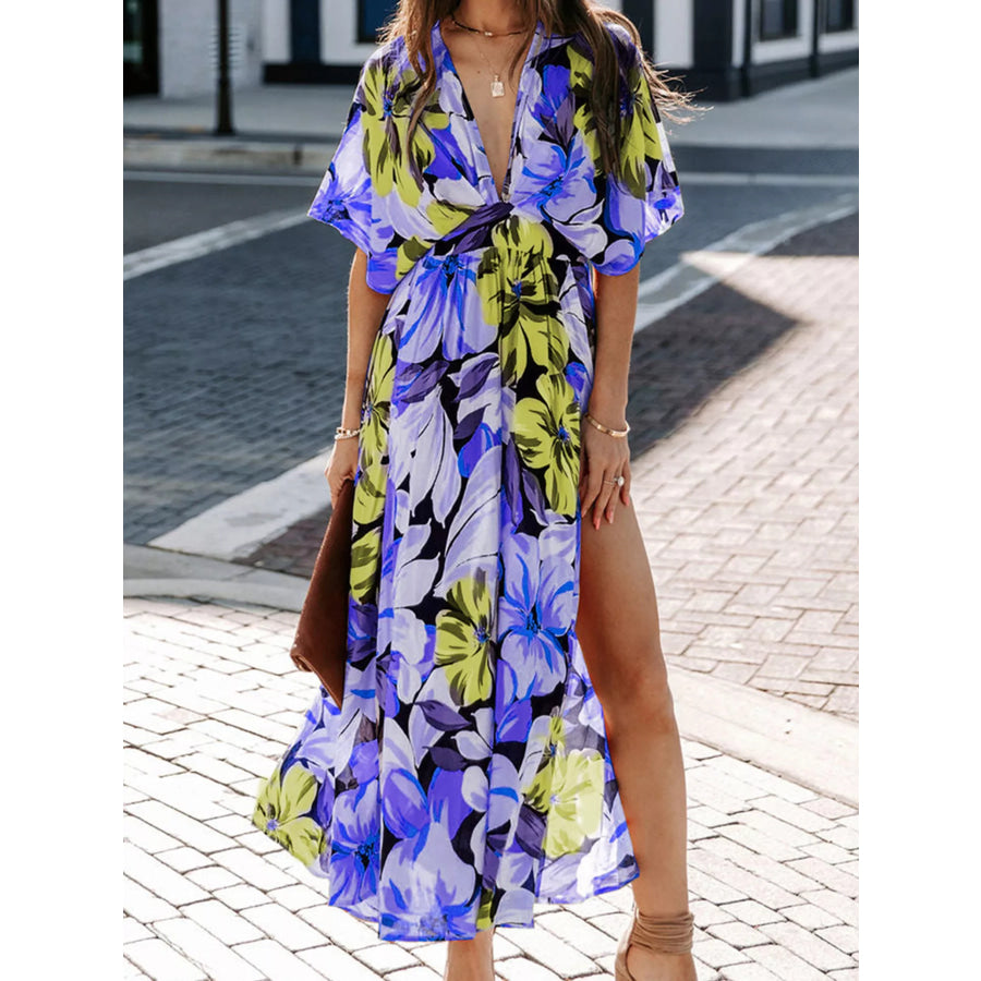 Floral Print V-Neck High Slit Maxi Dress Blue / S Apparel and Accessories