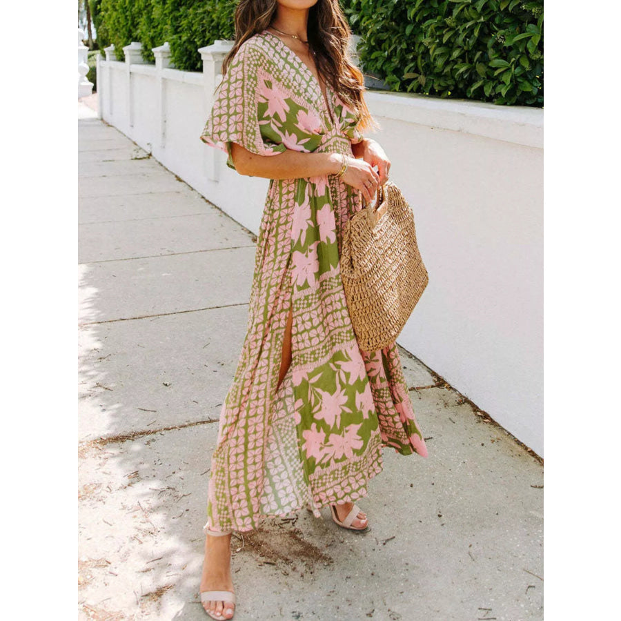 Floral Print V-Neck High Slit Maxi Dress Blush Pink / S Apparel and Accessories