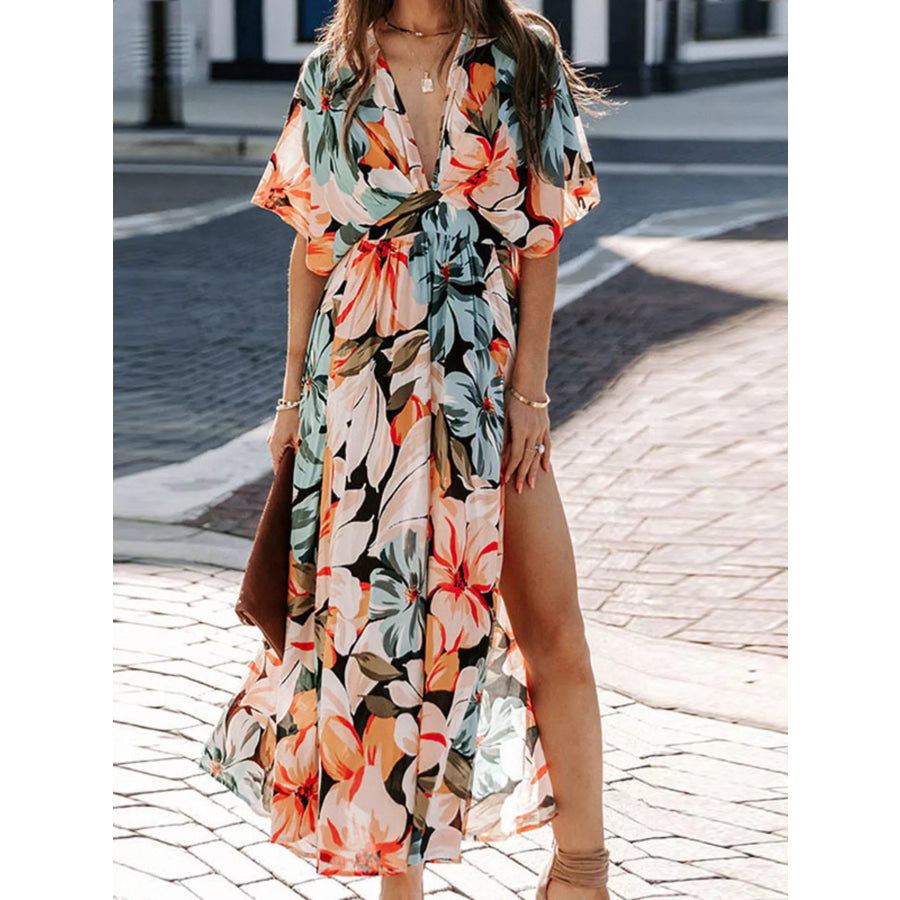 Floral Print V-Neck High Slit Maxi Dress Orange / S Apparel and Accessories
