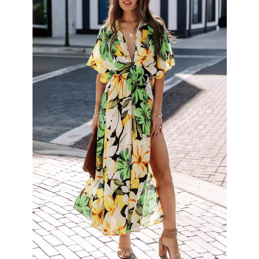 Floral Print V-Neck High Slit Maxi Dress Yellow / S Apparel and Accessories