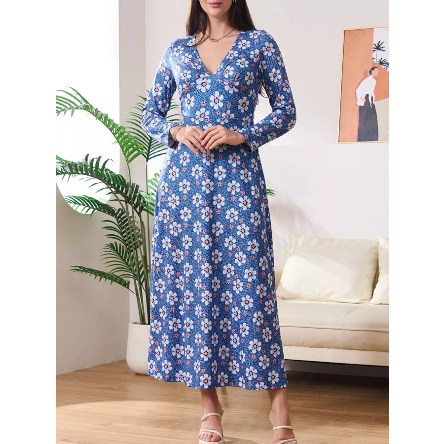 Floral Print V-Neck Long Sleeve Midi Dress Blue / S Apparel and Accessories