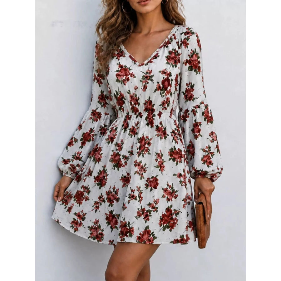 Floral Print V-Neck Long Sleeve Mini Dress Apparel and Accessories