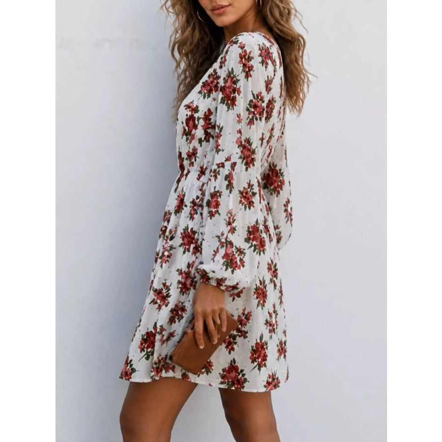 Floral Print V-Neck Long Sleeve Mini Dress Apparel and Accessories
