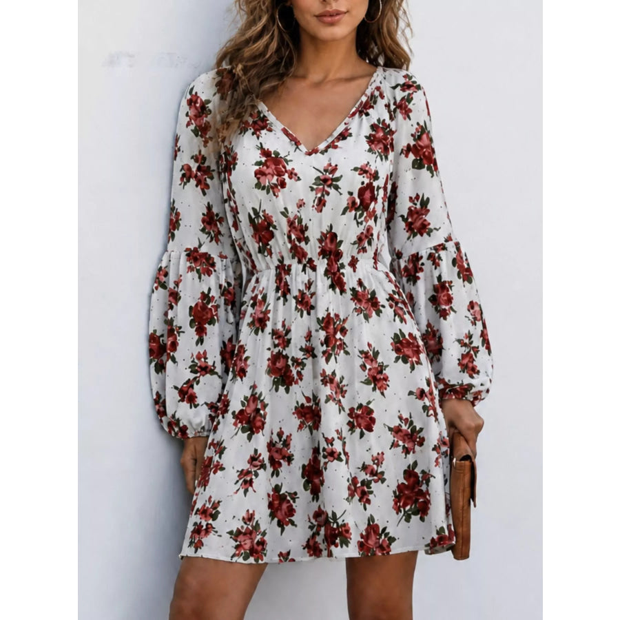 Floral Print V-Neck Long Sleeve Mini Dress White / S Apparel and Accessories