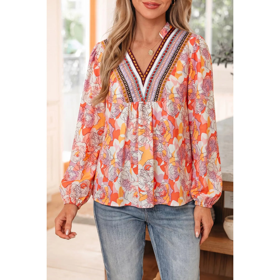 Floral Print V Neck Long Sleeve Shift Blouse Apparel and Accessories