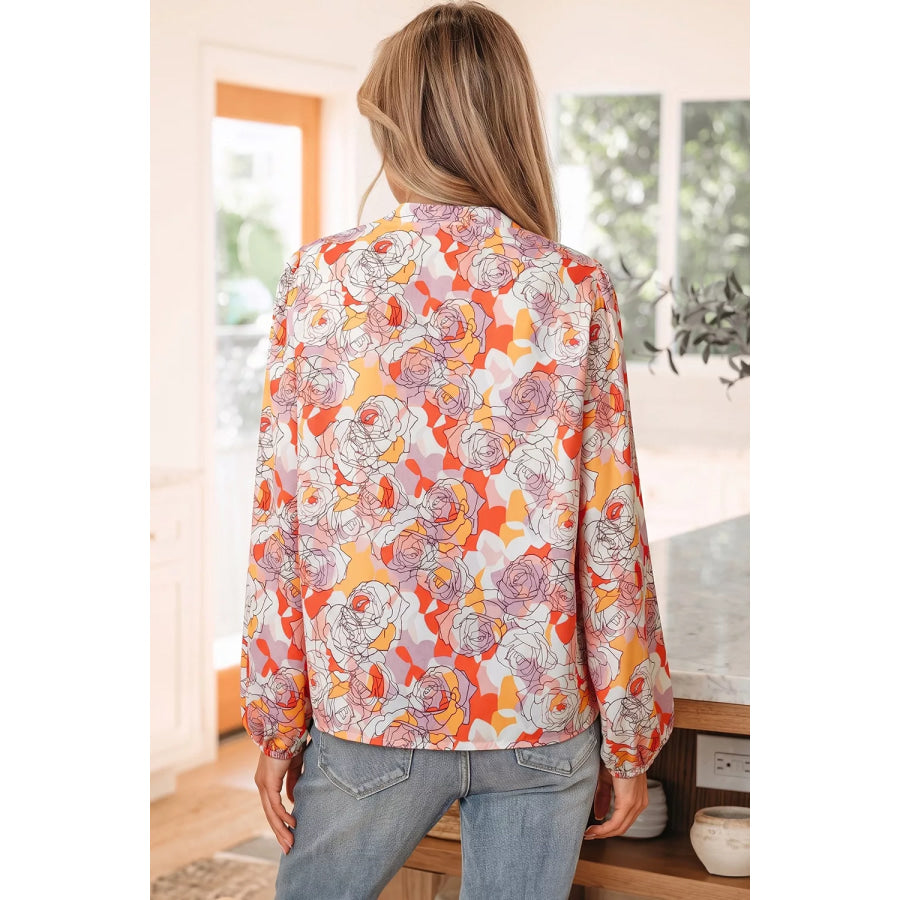 Floral Print V Neck Long Sleeve Shift Blouse Apparel and Accessories