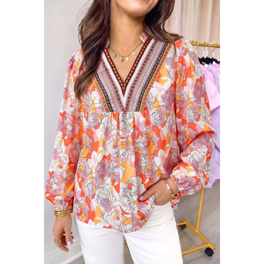 Floral Print V Neck Long Sleeve Shift Blouse Pale Blush / S Apparel and Accessories