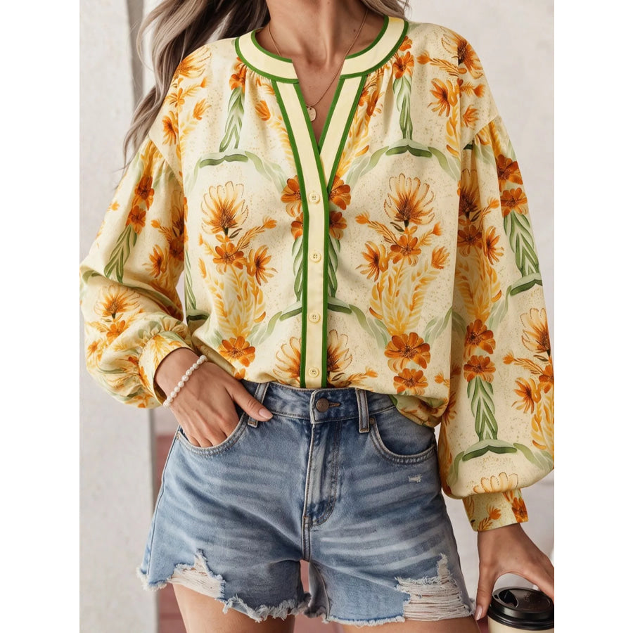 Floral Print V Neck Long Sleeve Shirt Apparel and Accessories