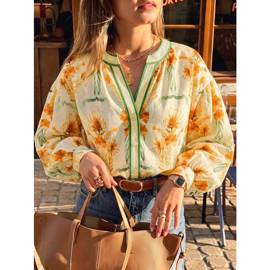 Floral Print V Neck Long Sleeve Shirt Yellow / S Apparel and Accessories