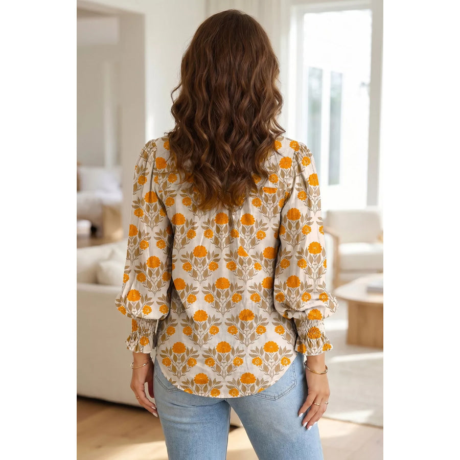 Floral Print V Neck Long Sleeve Top Apparel and Accessories