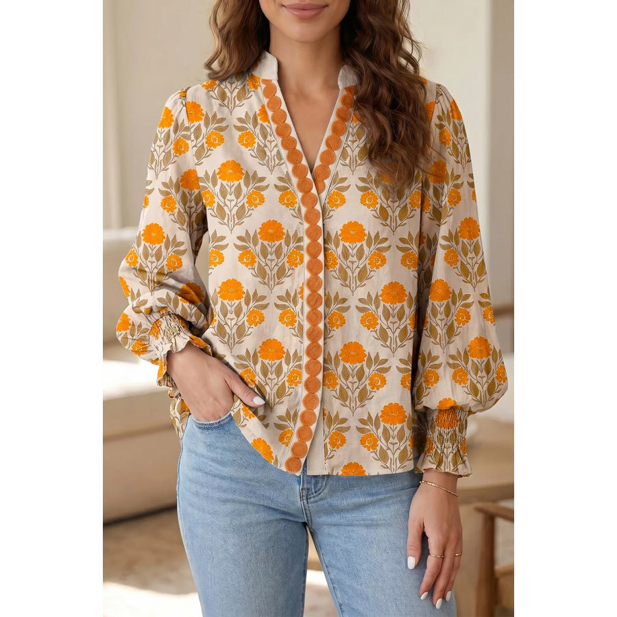 Floral Print V Neck Long Sleeve Top Apparel and Accessories