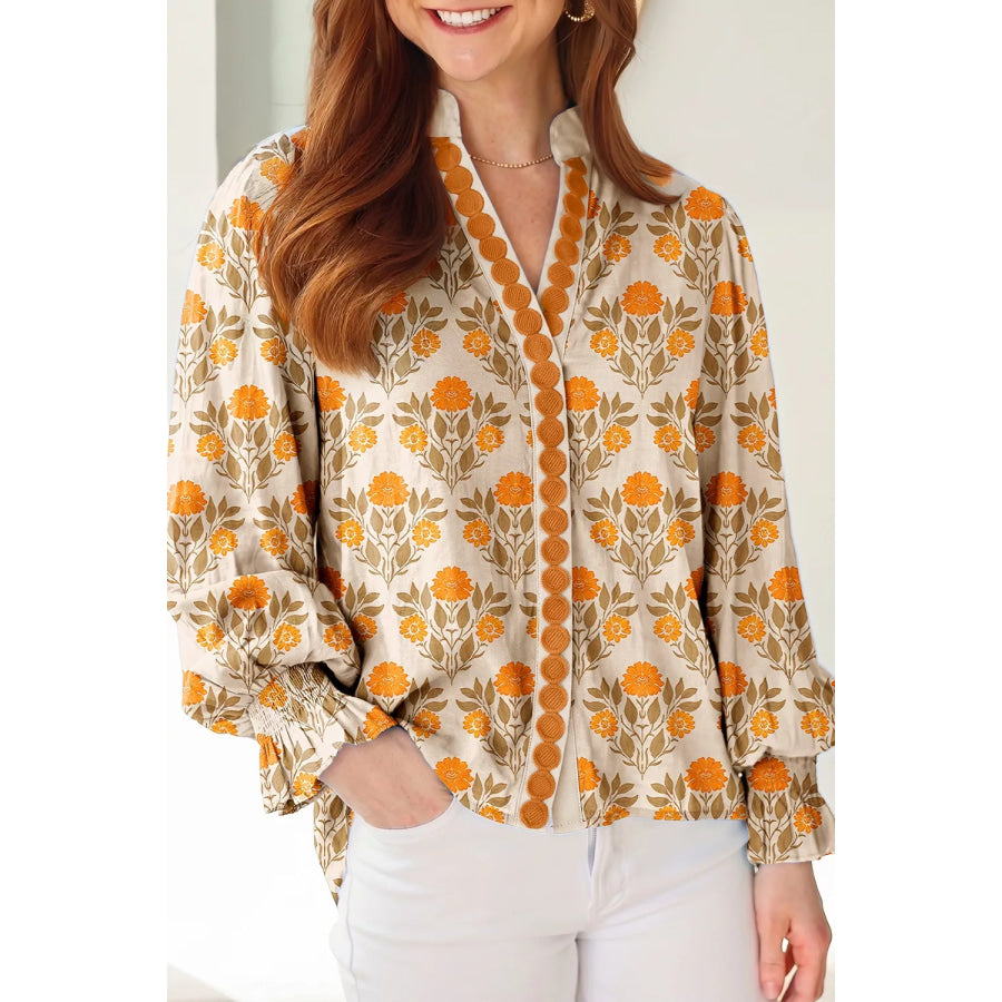 Floral Print V Neck Long Sleeve Top Sherbet / S Apparel and Accessories