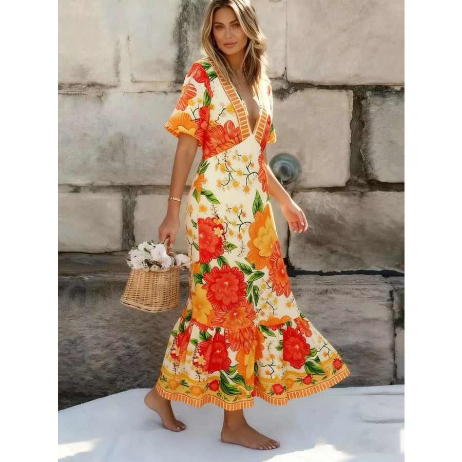 Floral Print V-Neck Maxi Dress Apparel and Accessories
