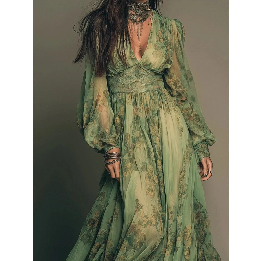 Floral Print V-Neck Maxi Dress Apparel and Accessories