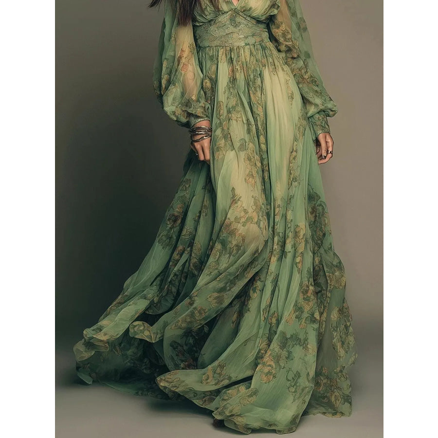 Floral Print V-Neck Maxi Dress Apparel and Accessories
