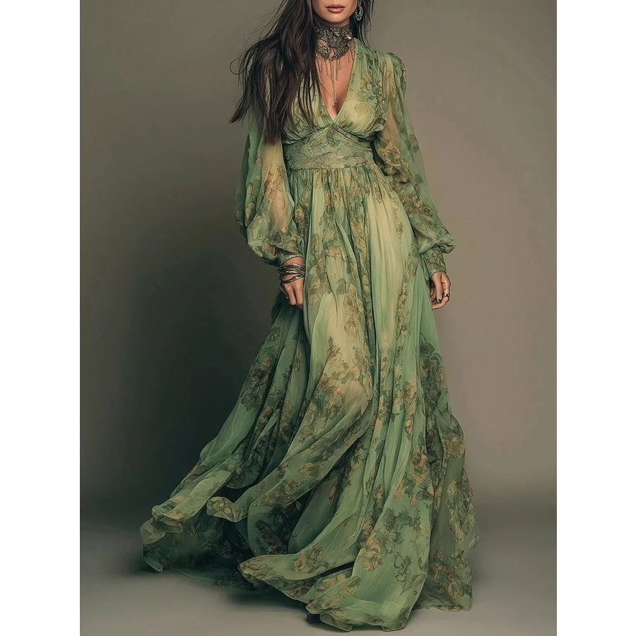 Floral Print V-Neck Maxi Dress Moss / S Apparel and Accessories