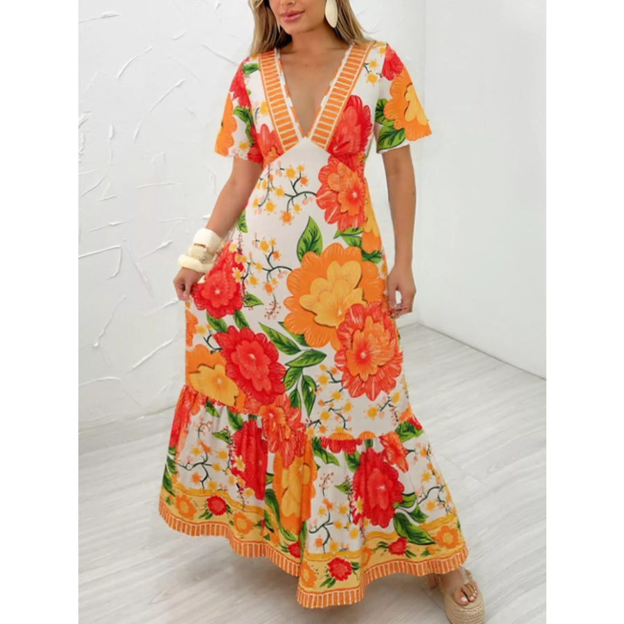 Floral Print V-Neck Maxi Dress Orange / S Apparel and Accessories