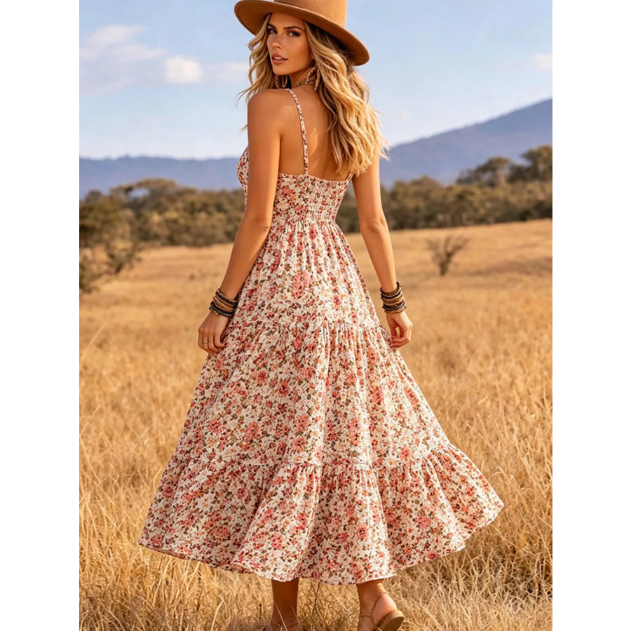 Floral Print V-Neck Midi Dress Apparel and Accessories