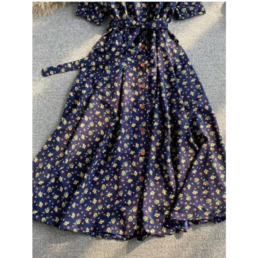 Floral Print V-Neck Midi Dress Apparel and Accessories