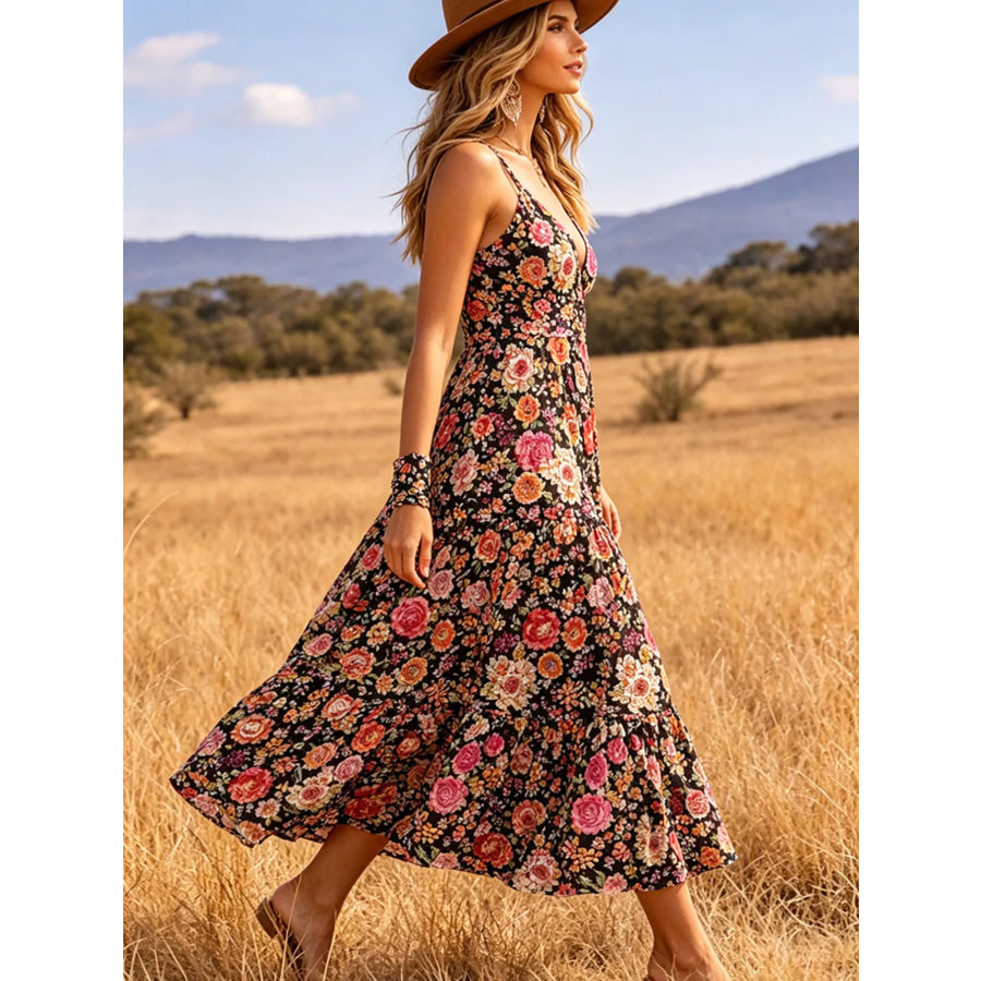 Floral Print V-Neck Midi Dress Apparel and Accessories