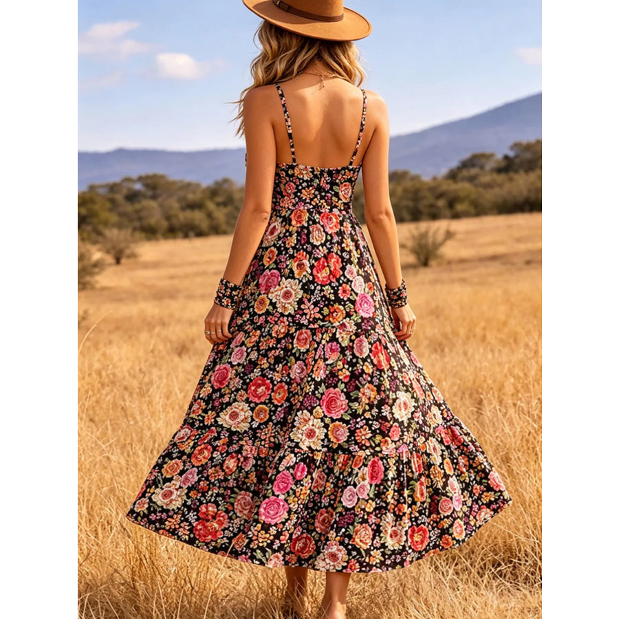 Floral Print V-Neck Midi Dress Apparel and Accessories