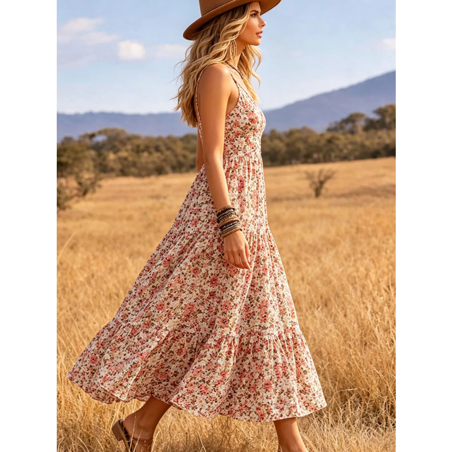 Floral Print V-Neck Midi Dress Apparel and Accessories