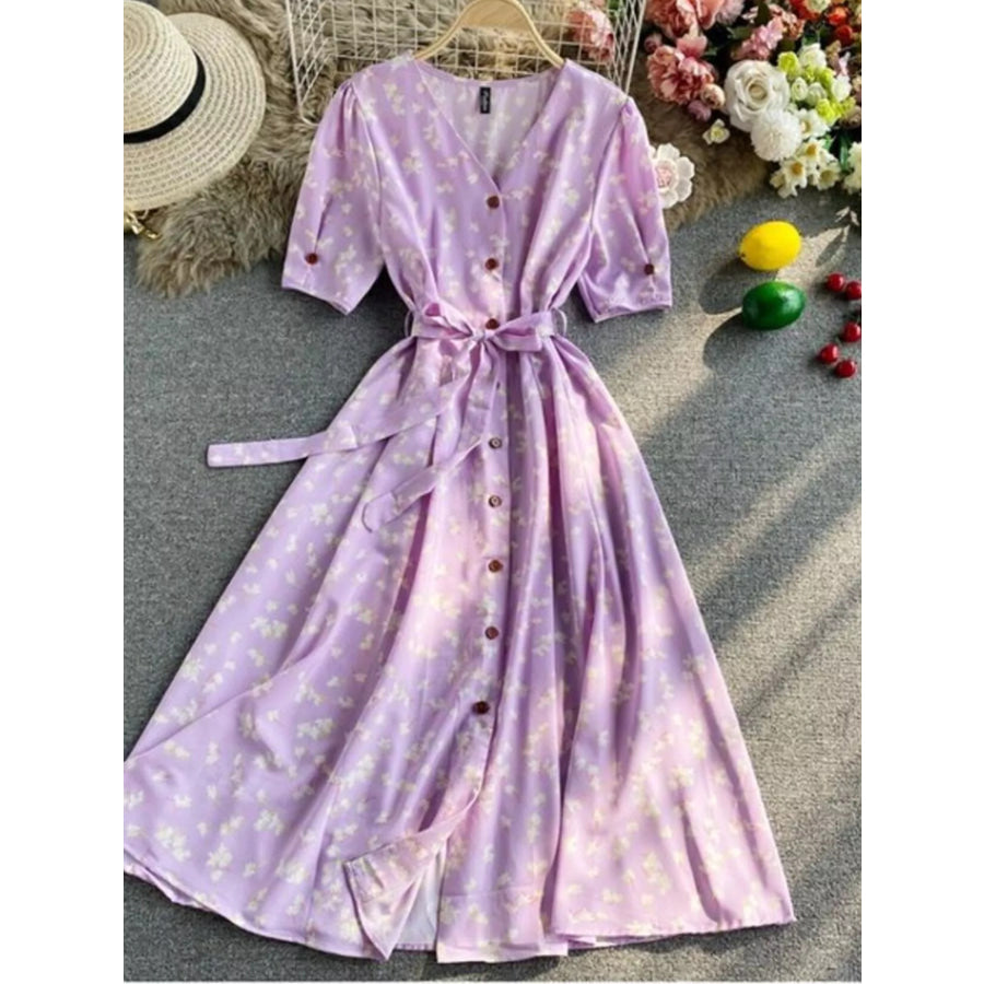 Floral Print V-Neck Midi Dress Apparel and Accessories