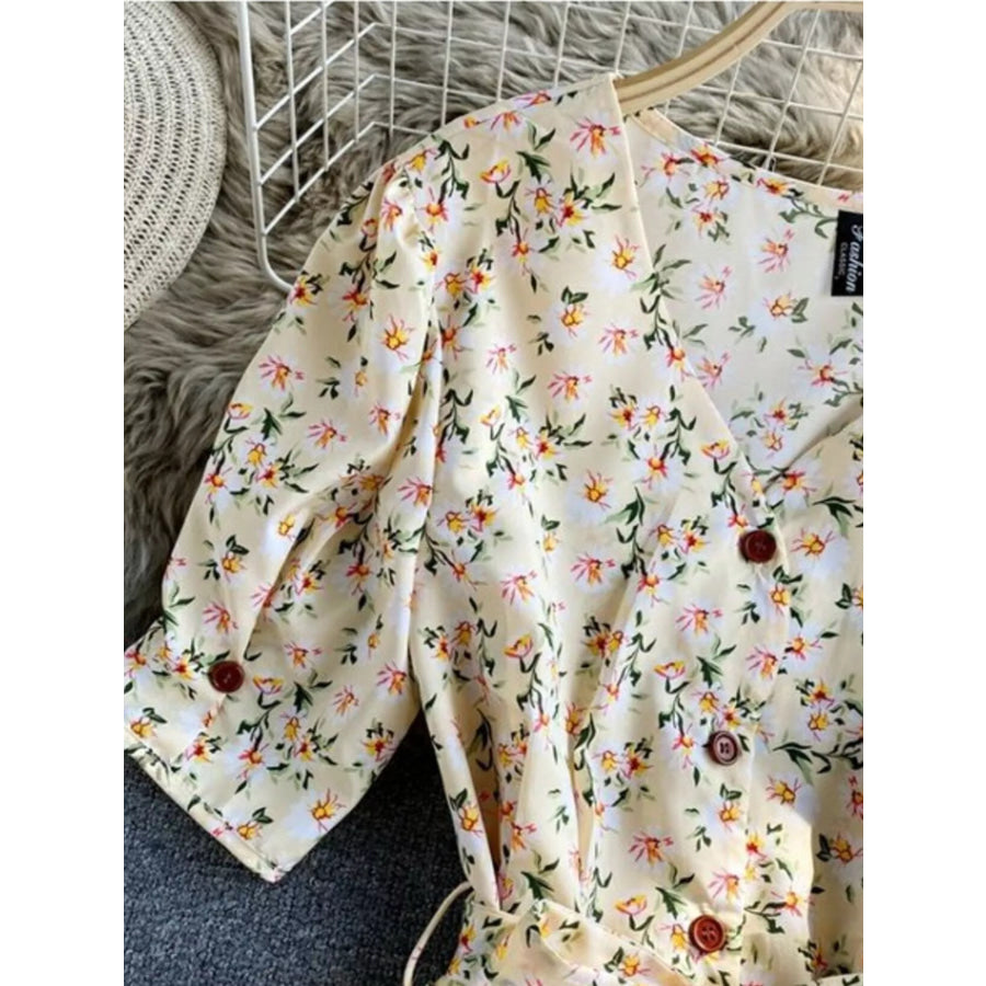 Floral Print V-Neck Midi Dress Apparel and Accessories