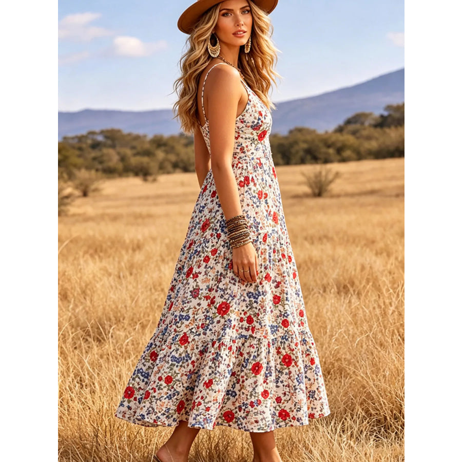 Floral Print V-Neck Midi Dress Apparel and Accessories
