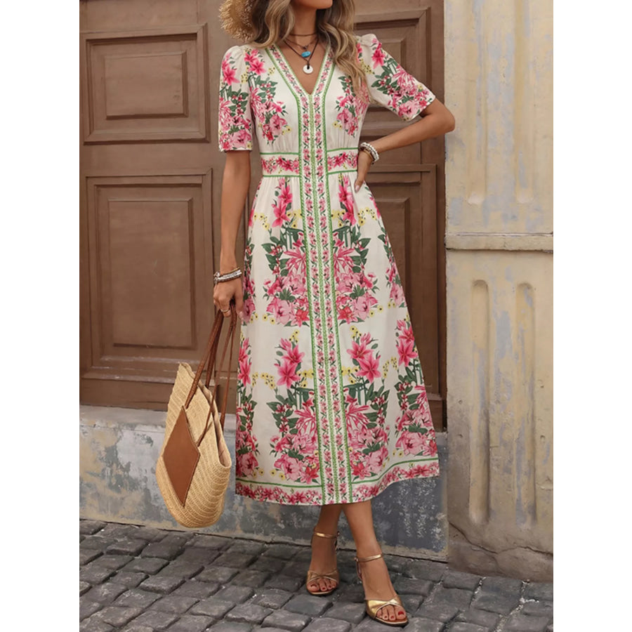 Floral Print V-Neck Midi Dress Apparel and Accessories