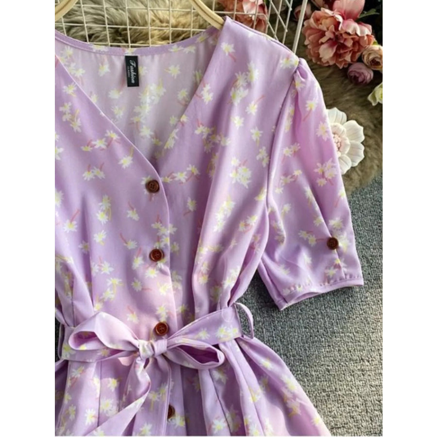 Floral Print V-Neck Midi Dress Apparel and Accessories
