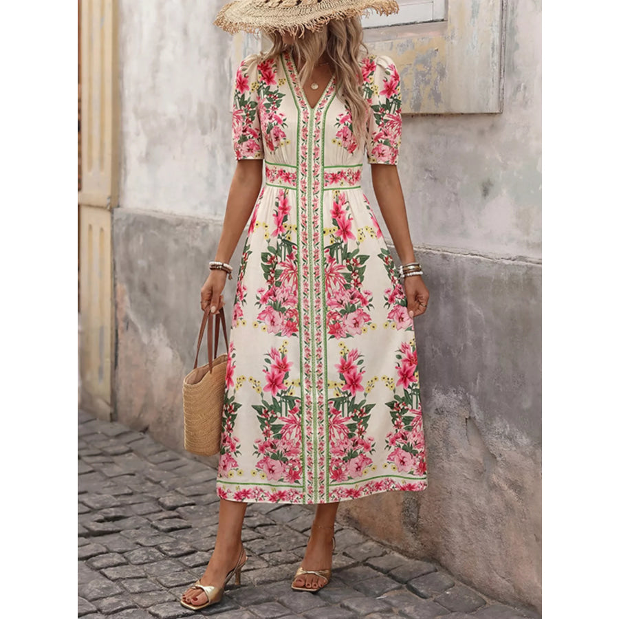 Floral Print V-Neck Midi Dress Apparel and Accessories